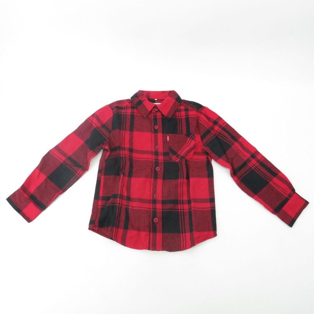 Levi's Boys Button Up Red Black Flannel Shirt Small 6/7 NWT $40